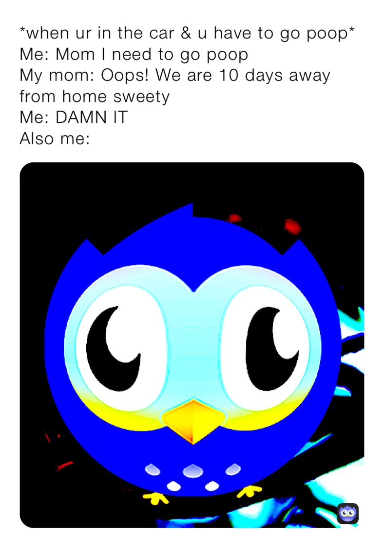 *when ur in the car & u have to go poop* Me Mom I need to go poop My