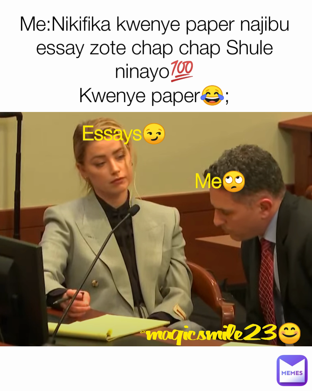 @magicsmile23😊 Me:Nikifika kwenye paper najibu essay zote chap chap Shule ninayo💯
Kwenye paper😂; Essays😏
                  
                                   Me🙄