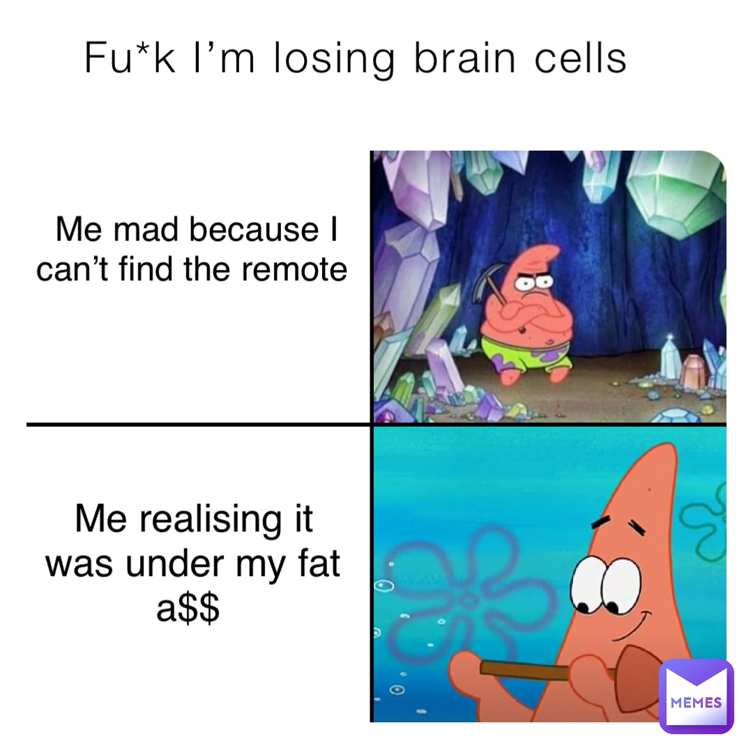 Fu*k I’m losing brain cells Me mad because I can’t find the remote Me realising it was under my fat a$$