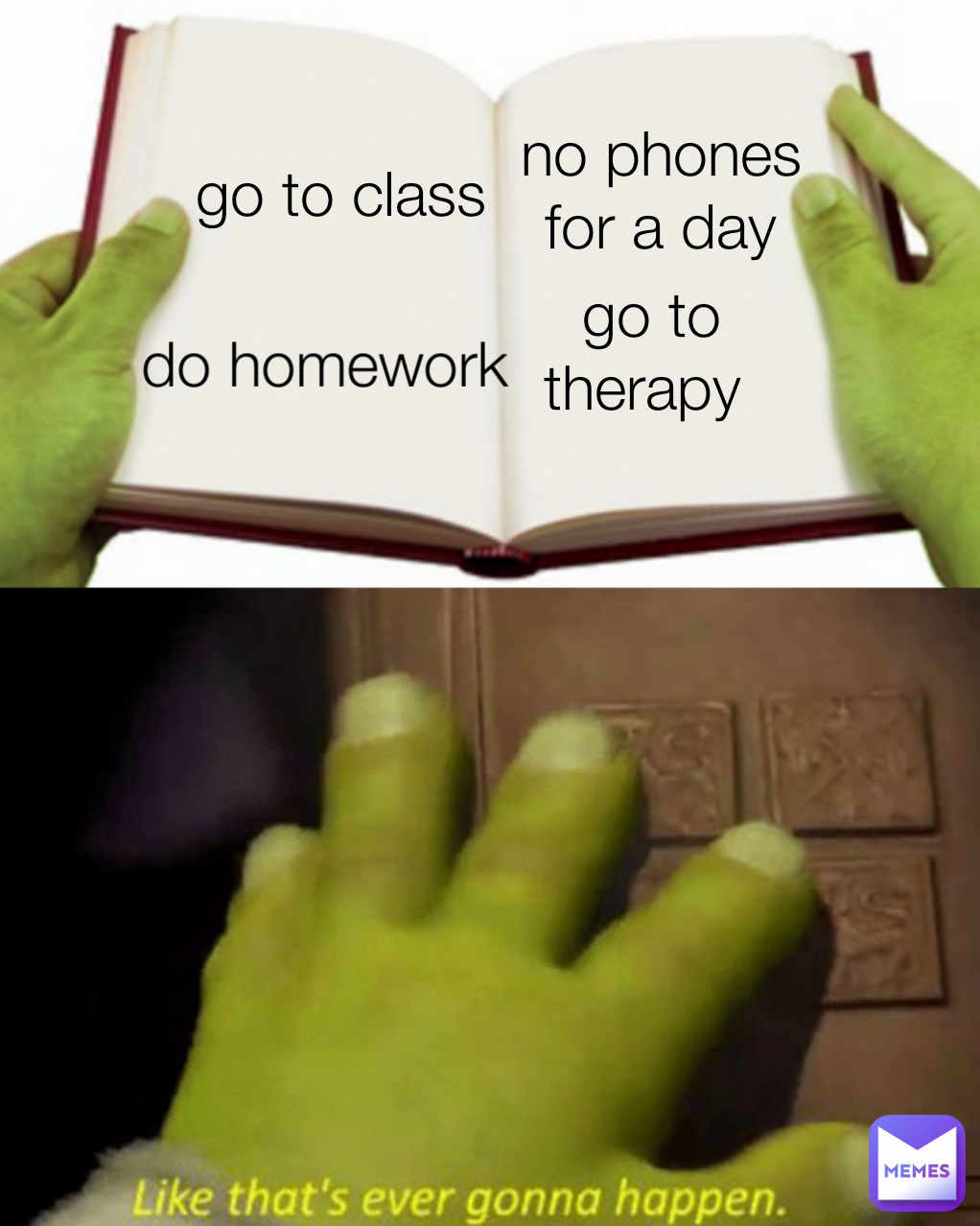 go to therapy  go to class no phones for a day do homework