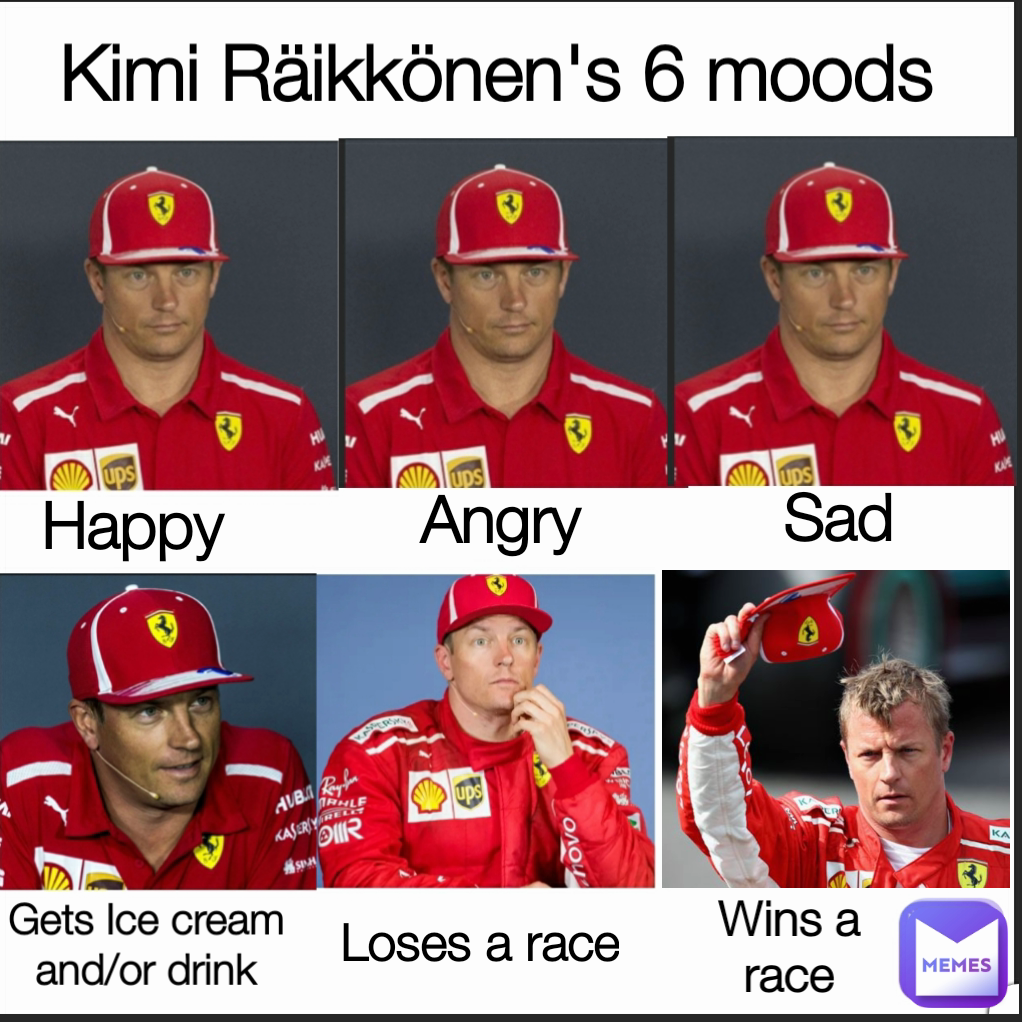 Kimi Räikkönen's 6 moods Wins a race Sad Happy Angry Gets Ice cream and/or drink Loses a race