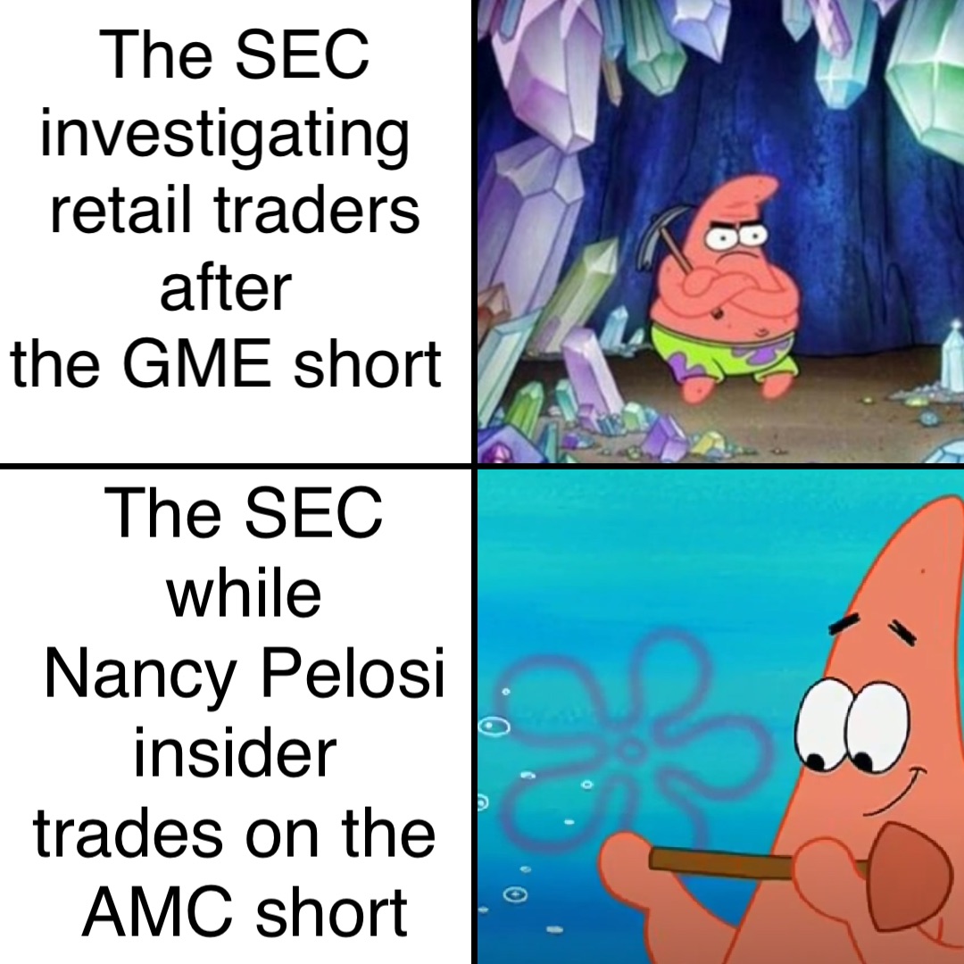 The SEC investigating
retail traders after
the GME short The SEC while 
Nancy Pelosi insider
trades on the
 AMC short
