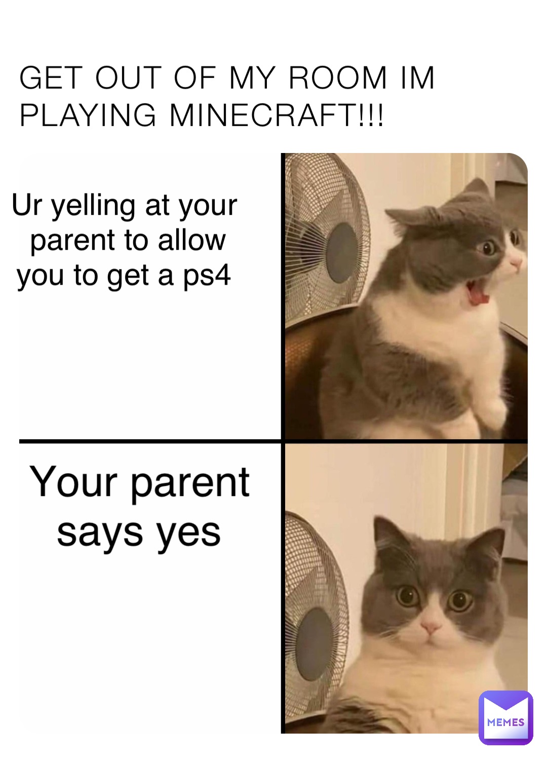 GET OUT OF MY ROOM IM PLAYING MINECRAFT!!! Ur yelling at your parent to allow you to get a ps4 Your parent says yes