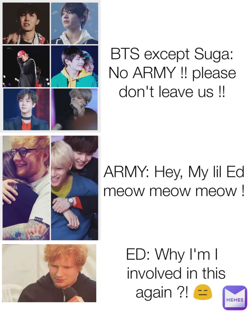 BTS except Suga: No ARMY !! please don't leave us !! ED: Why I'm I 
 involved in this again ?! 😑 ARMY: Hey, My lil Ed meow meow meow !