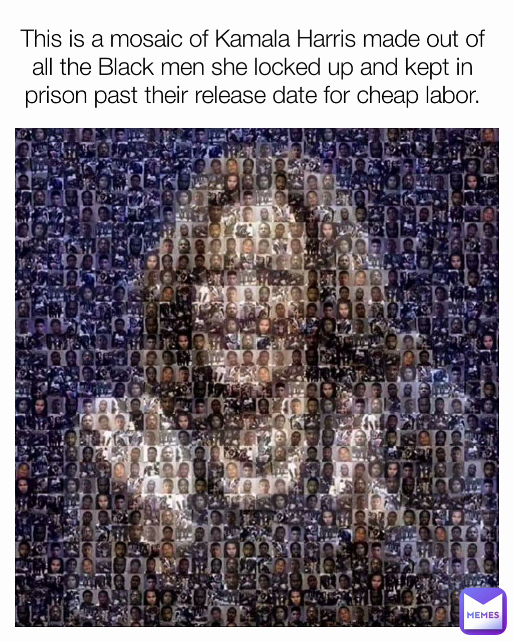 This is a mosaic of Kamala Harris made out of all the Black men she locked up and kept in prison past their release date for cheap labor.