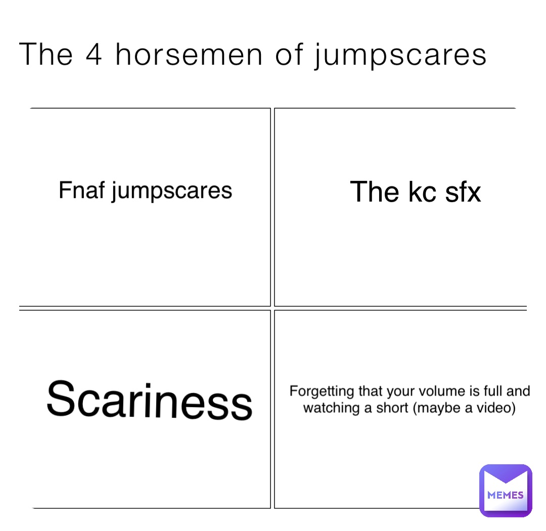 The 4 horsemen of jumpscares Fnaf jumpscares The kc sfx Scariness Forgetting that your volume is full and watching a short (maybe a video)