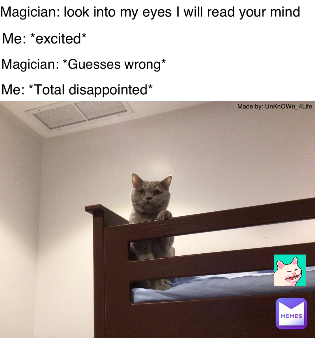 Magician: look into my eyes I will read your mind Me: *excited* Magician: *Guesses wrong* Me: *Total disappointed*