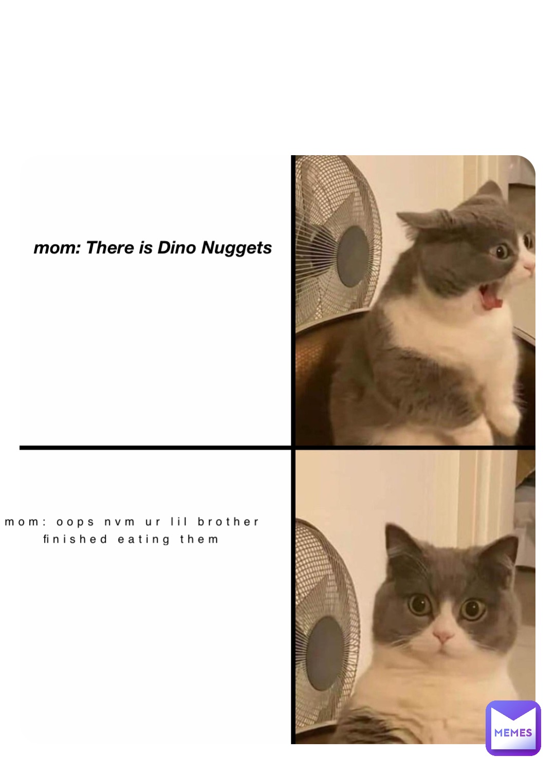 mom: There is Dino Nuggets mom: oops nvm ur lil brother finished eating them