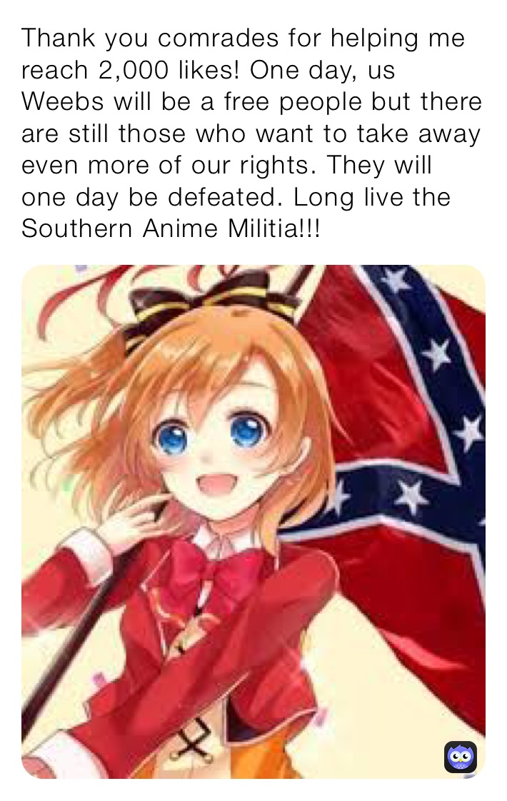 Thank you comrades for helping me reach 2,000 likes! One day, us Weebs will be a free people but there are still those who want to take away even more of our rights. They will one day be defeated. Long live the Southern Anime Militia!!!