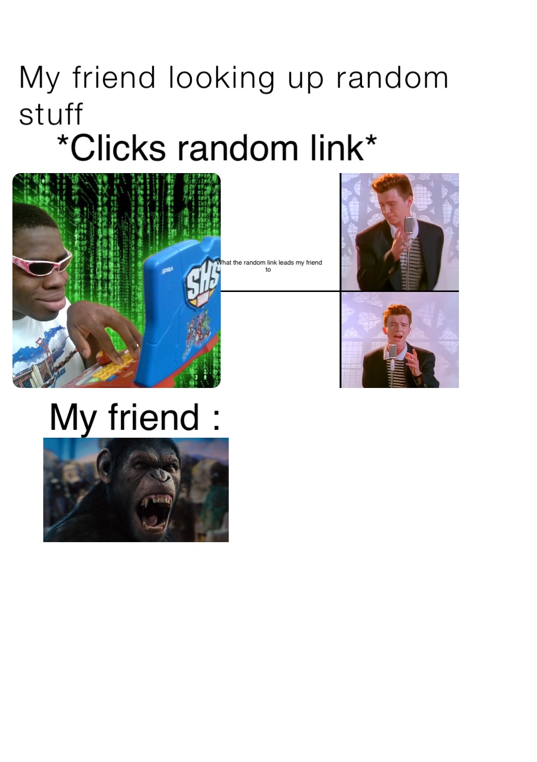 My friend looking up random stuff *Clicks random link* What the random link leads my friend to My friend :