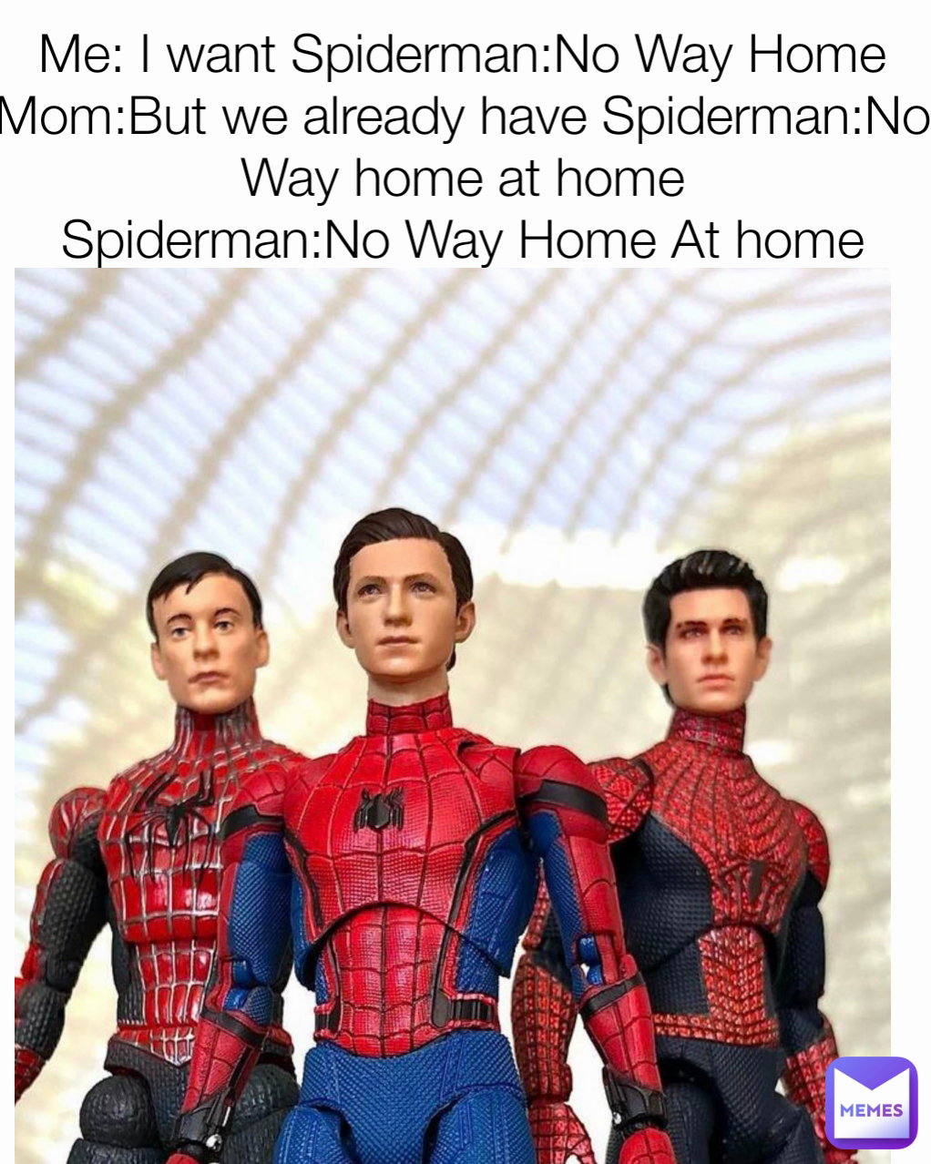 Me: I want Spiderman:No Way Home
Mom:But we already have Spiderman:No Way home at home
Spiderman:No Way Home At home