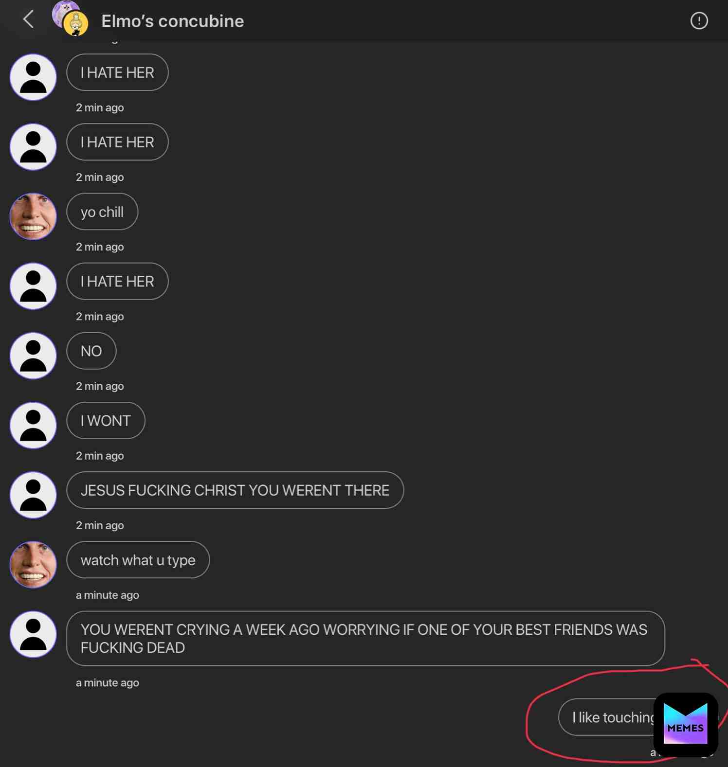 The last 1 says touching myself