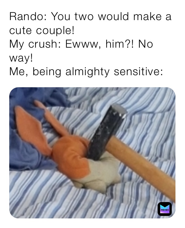 Rando: You two would make a cute couple!
My crush: Ewww, him?! No way!
Me, being almighty sensitive: