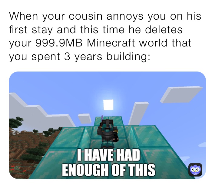 When your cousin annoys you on his first stay and this time he deletes your 999.9MB Minecraft world that you spent 3 years building: