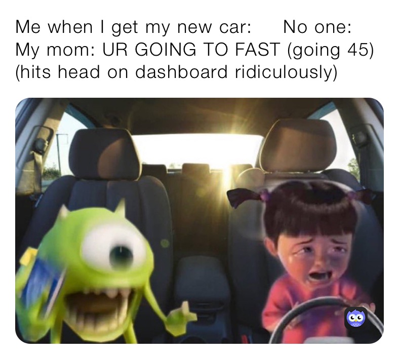 Me when I get my new car:     No one:     My mom: UR GOING TO FAST (going 45) (hits head on dashboard ridiculously)￼
