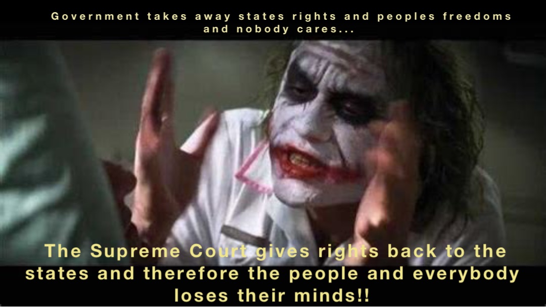 Government takes away states rights and peoples freedoms and nobody cares... The Supreme Court gives rights back to the states and therefore the people and everybody loses their minds!!