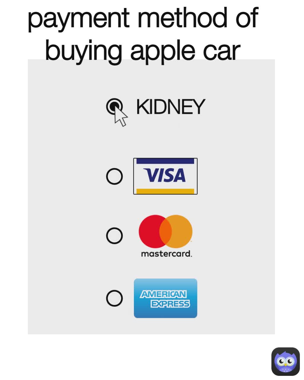 KIDNEY payment method of buying apple car