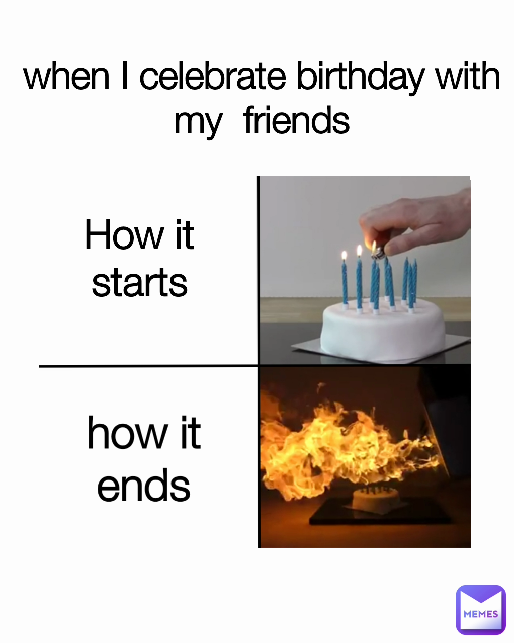 how it ends How it starts when I celebrate birthday with my  friends Type Text