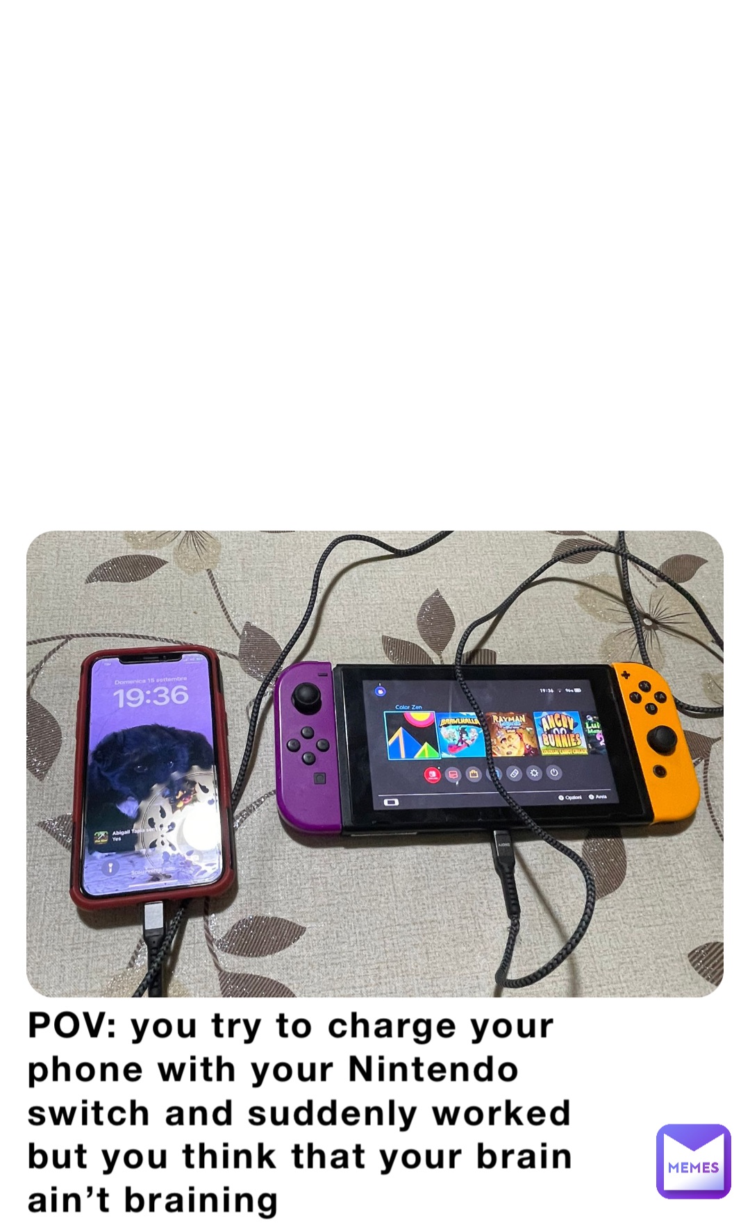 POV: you try to charge your phone with your Nintendo switch and suddenly worked but you think that your brain ain’t braining
