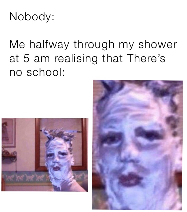 Nobody:

Me halfway through my shower at 5 am realising that There’s no school: