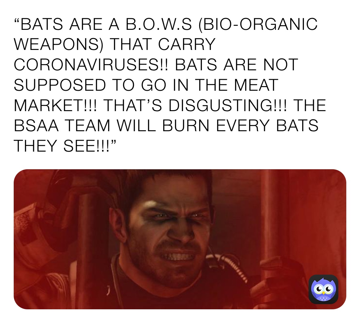 “BATS ARE A B.O.W.S (BIO-ORGANIC WEAPONS) THAT CARRY CORONAVIRUSES!! BATS ARE NOT SUPPOSED TO GO IN THE MEAT MARKET!!! THAT’S DISGUSTING!!! THE BSAA TEAM WILL BURN EVERY BATS THEY SEE!!!”