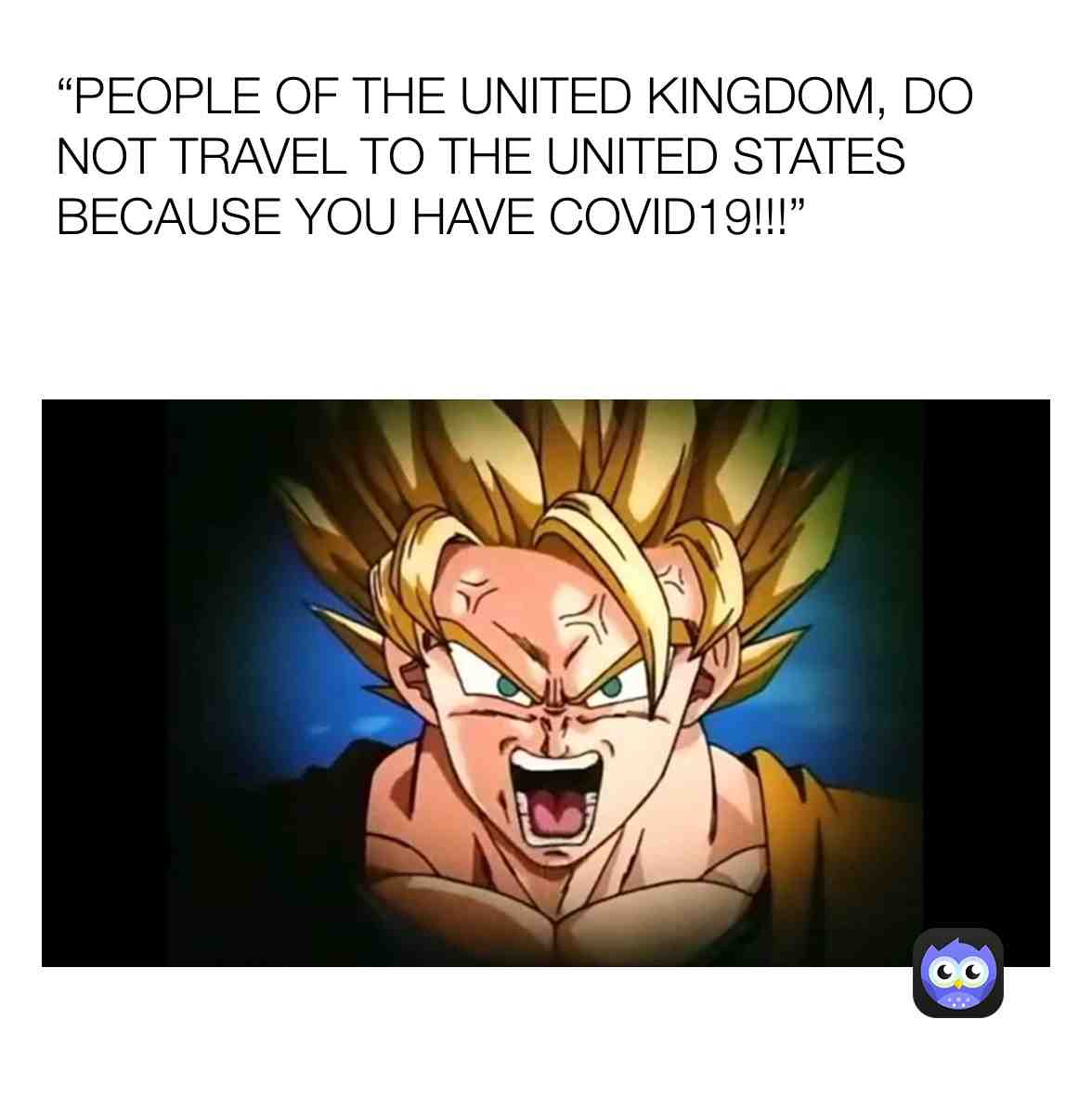 Goku Tells People of UK not to travel to US.
 #goku  #gokumemes  #dragonballz  #dragonball  #dragonballzmemes  #coronavirus  #covid  #covid19  #wuhanvirus  #donottravel  #cdc  #cdcguidelines
