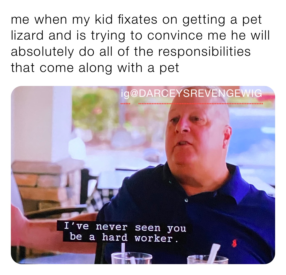 me when my kid fixates on getting a pet lizard and is trying to convince me he will absolutely do all of the responsibilities that come along with a pet