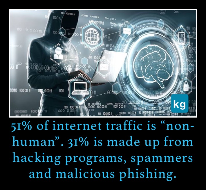 51% of internet traffic is “non-human”. 31% is made up from hacking programs, spammers and malicious phishing.