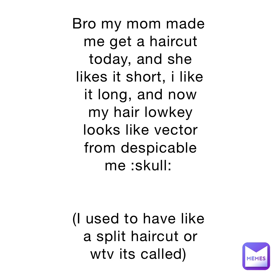 Bro my mom made me get a haircut today, and she likes it short, i like it long, and now my hair lowkey looks like vector from despicable me :skull:


(I used to have like a split haircut or wtv its called)