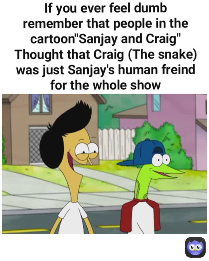 By Rayan g If you ever feel dumb remember that people in the cartoon"Sanjay and Craig" Thought that Craig (The snake) was just Sanjay's human freind for the whole show