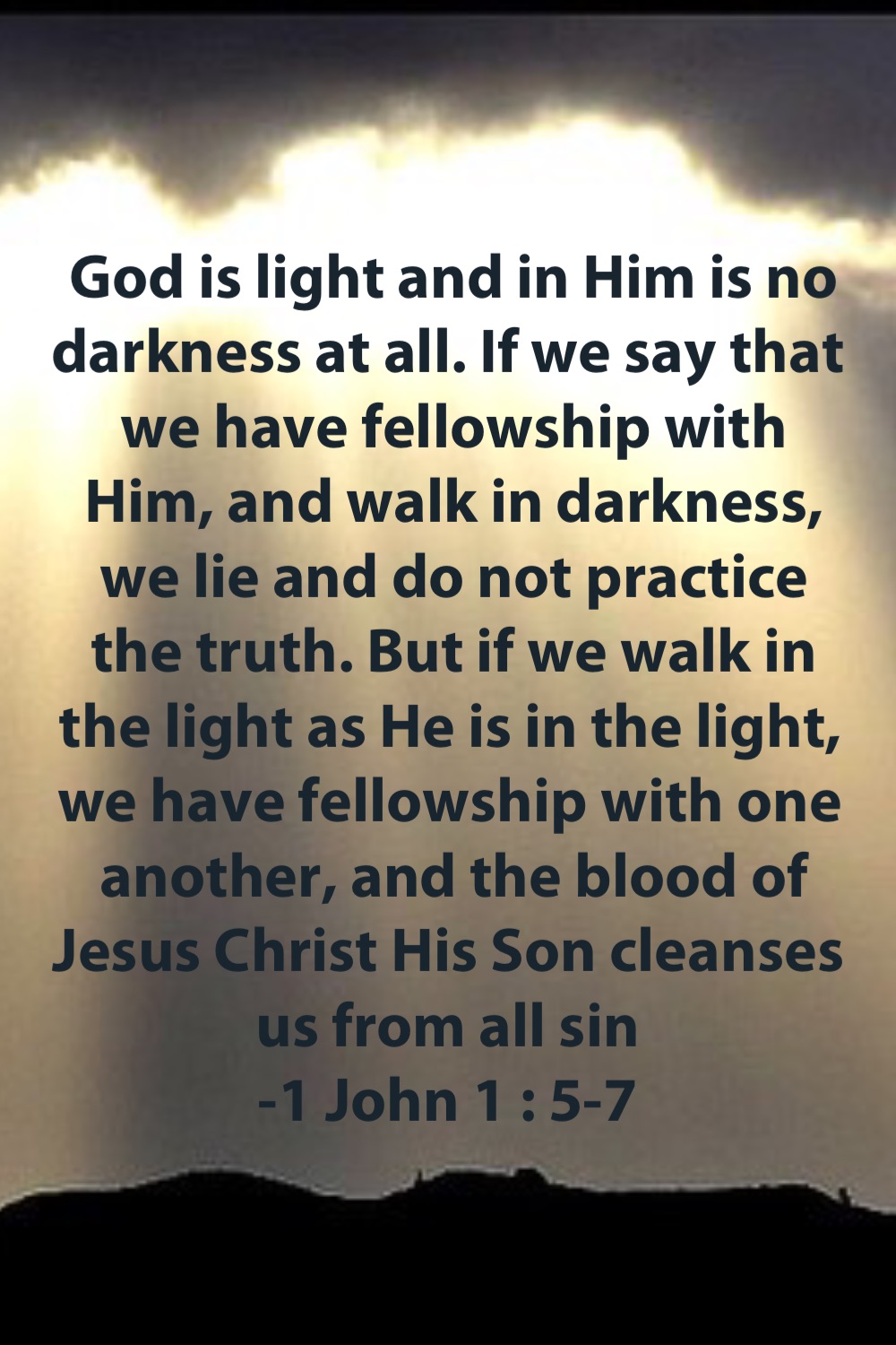 God is light and in Him is no darkness at all. If we say that we have fellowship with Him, and walk in darkness, we lie and do not practice the truth. But if we walk in the light as He is in the light, we have fellowship with one another, and the blood of Jesus Christ His Son cleanses us from all sin
-1 John 1 : 5-7