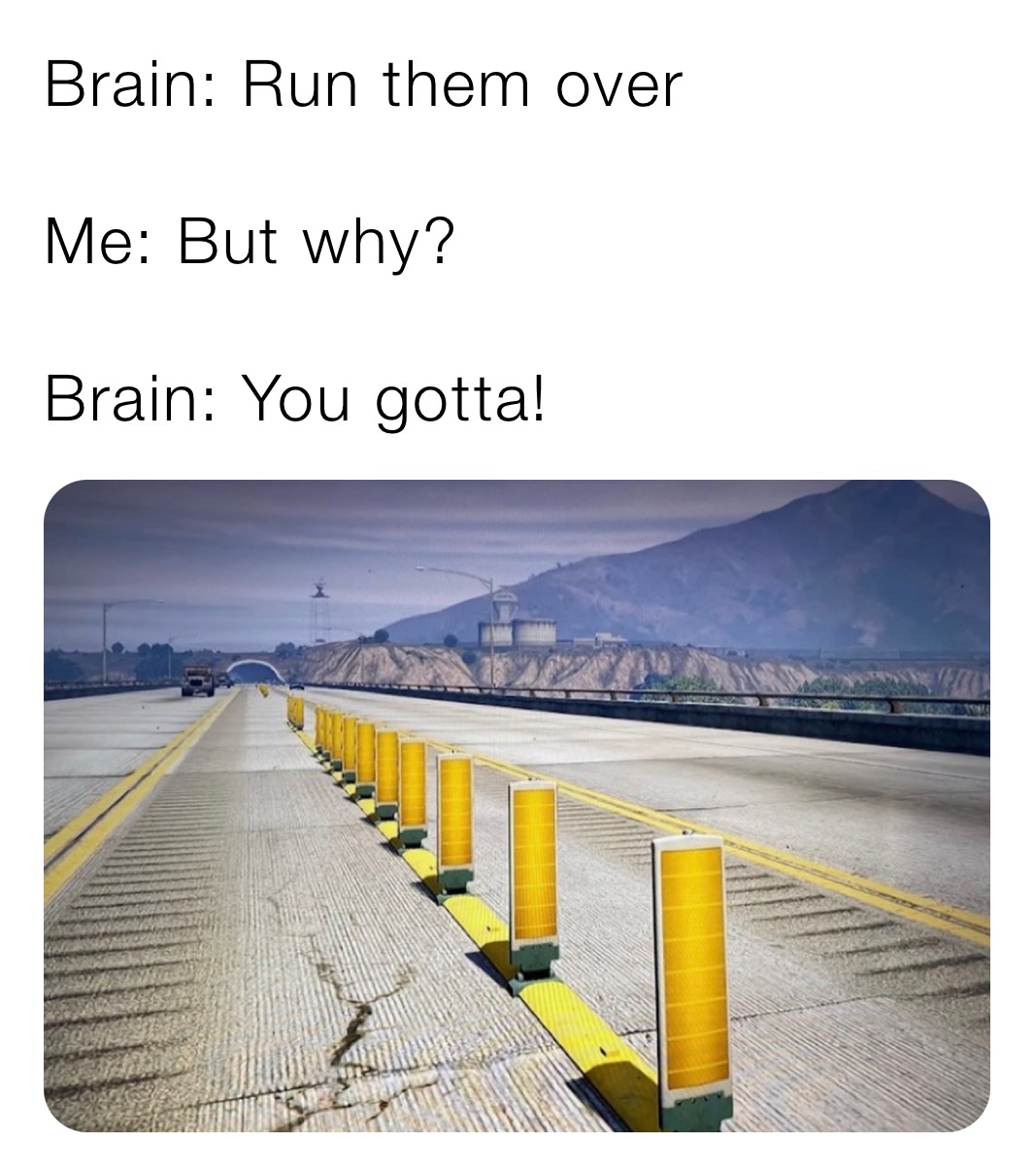 Brain: Run them over 

Me: But why?

Brain: You gotta!