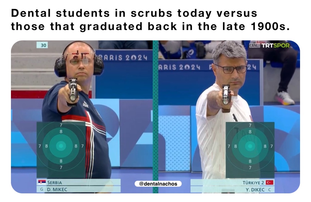 Dental students in scrubs today versus those that graduated back in the late 1900s.