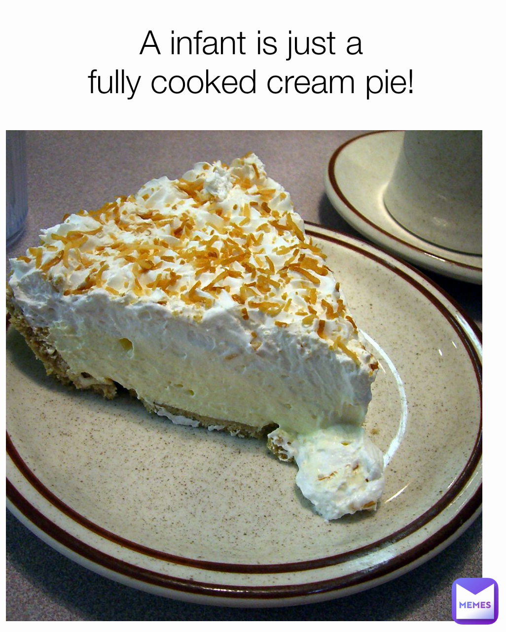 A infant is just a fully cooked cream pie! | @WolfKelly | Memes