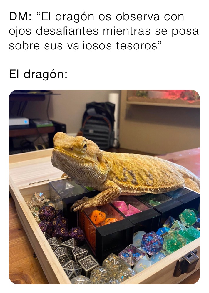 DM: “El dragón os observa con ojos desafiantes mientras se posa sobre sus valiosos tesoros”

El dragón: