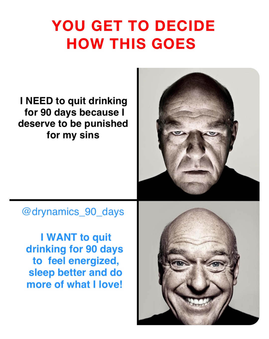 YOU GET TO DECIDE HOW THIS GOES I NEED to quit drinking for 90 days because I deserve to be punished for my sins I WANT to quit drinking for 90 days to  feel energized, sleep better and do more of what I love! @drynamics_90_days