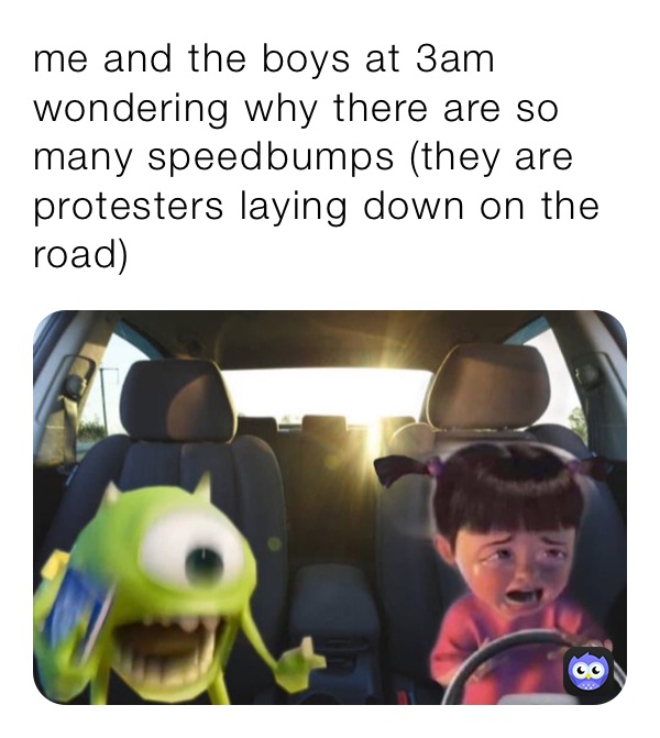 me and the boys at 3am wondering why there are so many speed￼bumps (they are protesters laying down on the road)