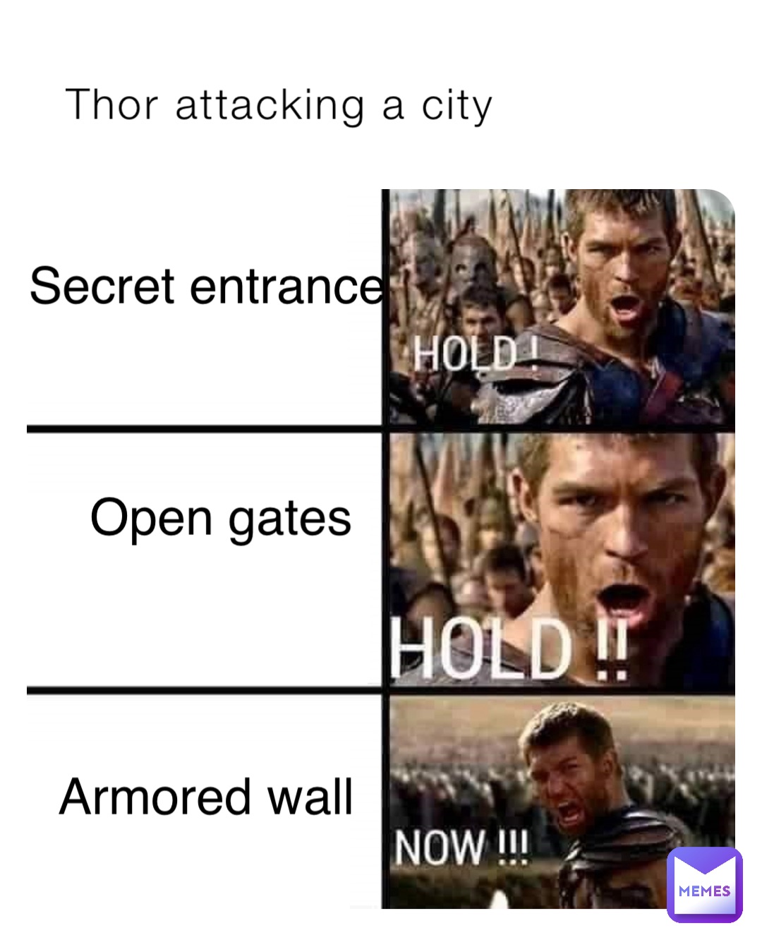 Thor attacking a city Open gates Secret entrance Armored wall