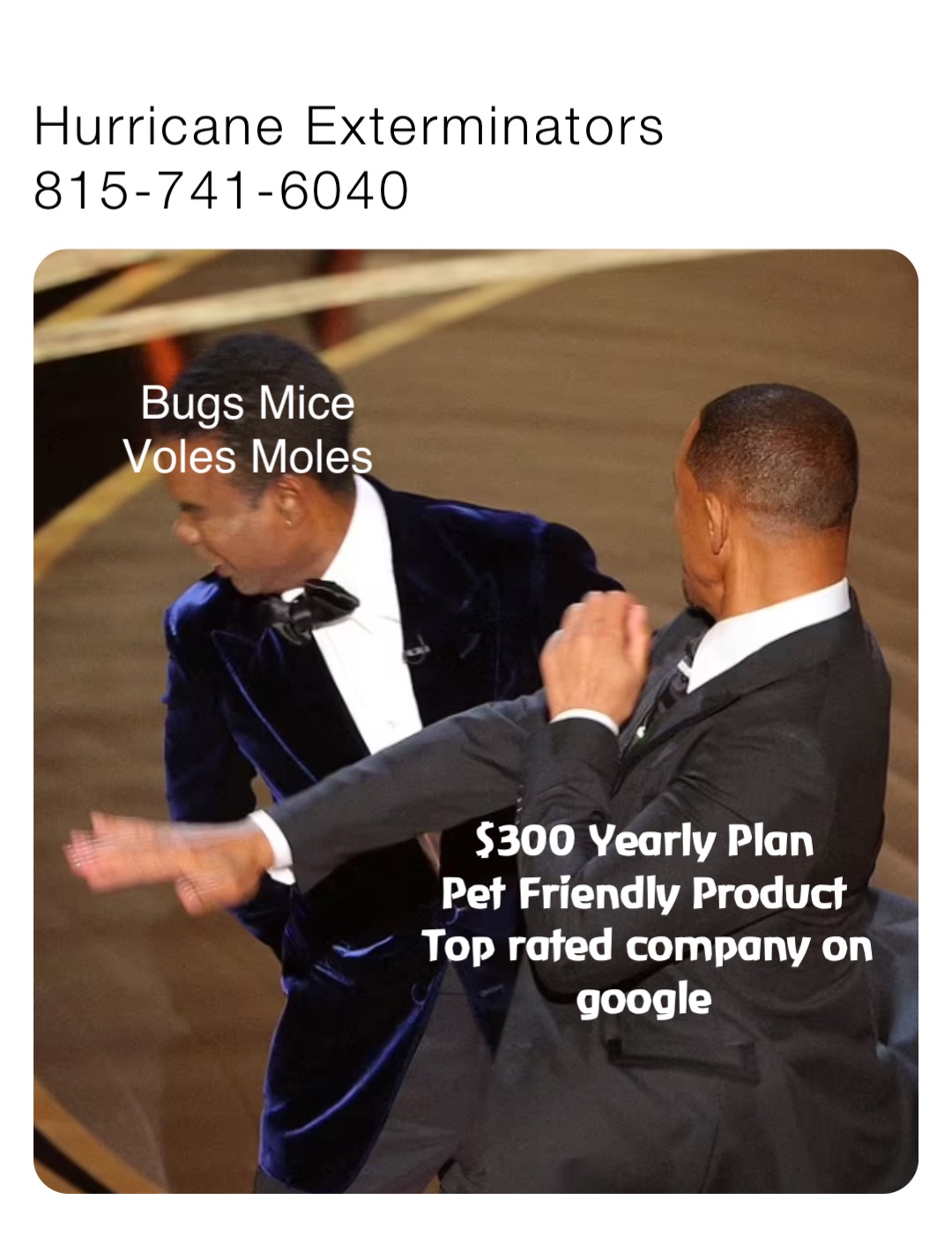 Hurricane Exterminators
815-741-6040 Bugs Mice
Voles Moles $300 Yearly Plan
Pet Friendly Product
Top rated company on google