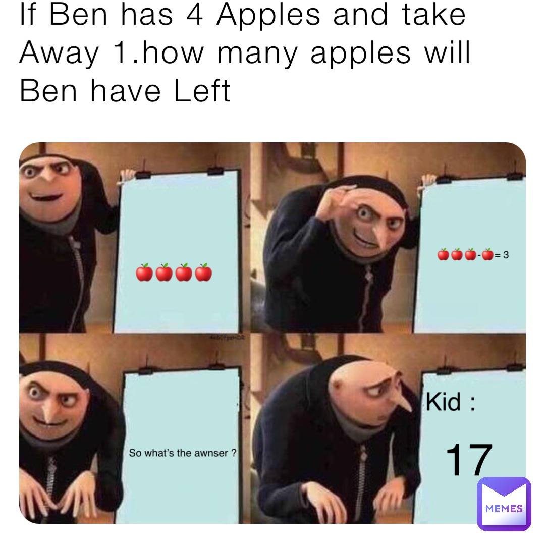 If Ben has 4 Apples and take 
Away 1.how many apples will Ben have Left 🍎🍎🍎🍎 🍎🍎🍎-🍎= 3 So what’s the awnser ? Kid : 17