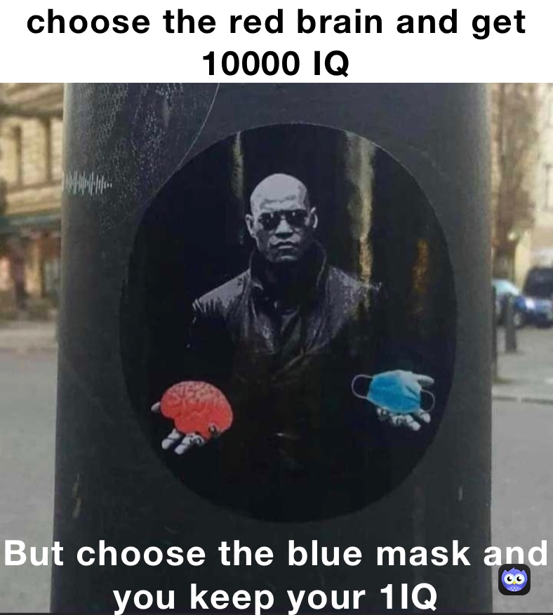 choose the red brain and get 10000 IQ But choose the blue mask and you keep your 1IQ