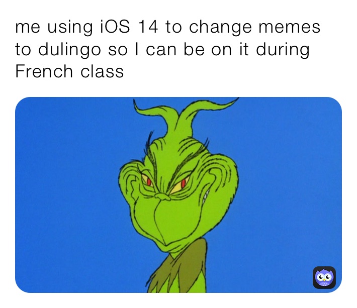 me using iOS 14 to change memes to dulingo so I can be on it during French class