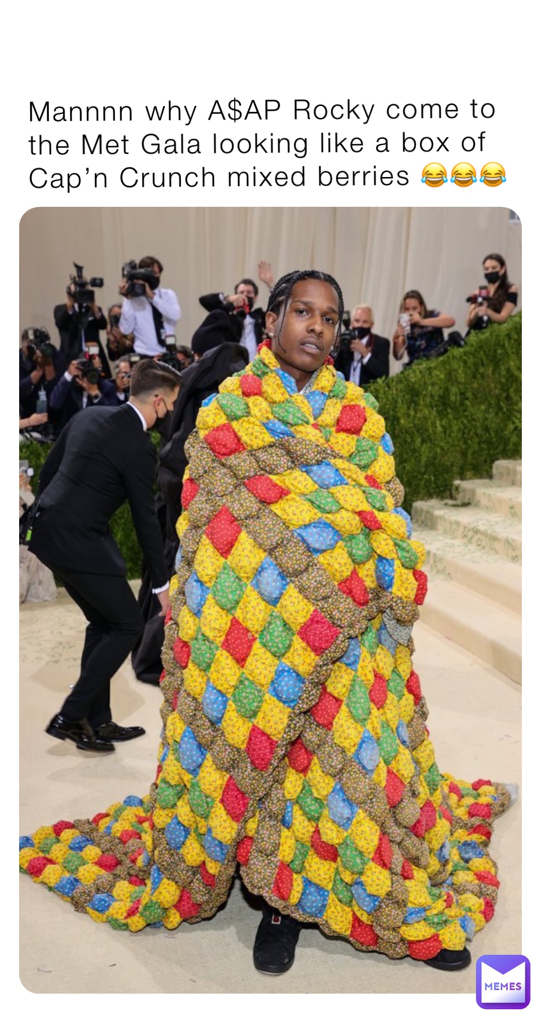 Mannnn why A$AP Rocky come to the Met Gala looking like a box of Cap’n Crunch mixed berries 😂😂😂