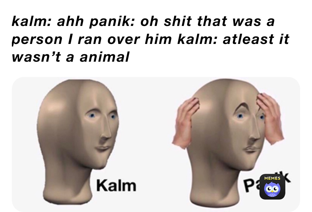 kalm: ahh panik: oh shit that was a person I ran over him kalm: atleast it wasn’t a animal