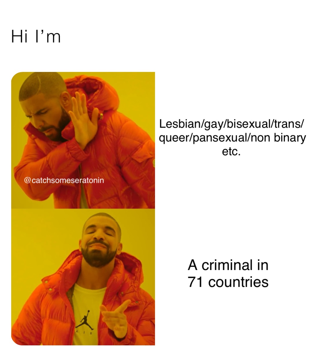 Hi I’m Lesbian/gay/bisexual/trans/
queer/pansexual/non binary etc. A criminal in
71 countries