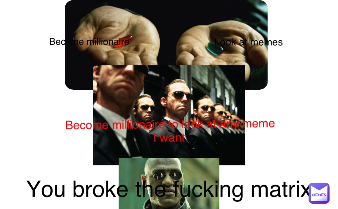 Hi Become millionaire Look at memes Become millionaire to look at any meme I want You broke the fucking matrix