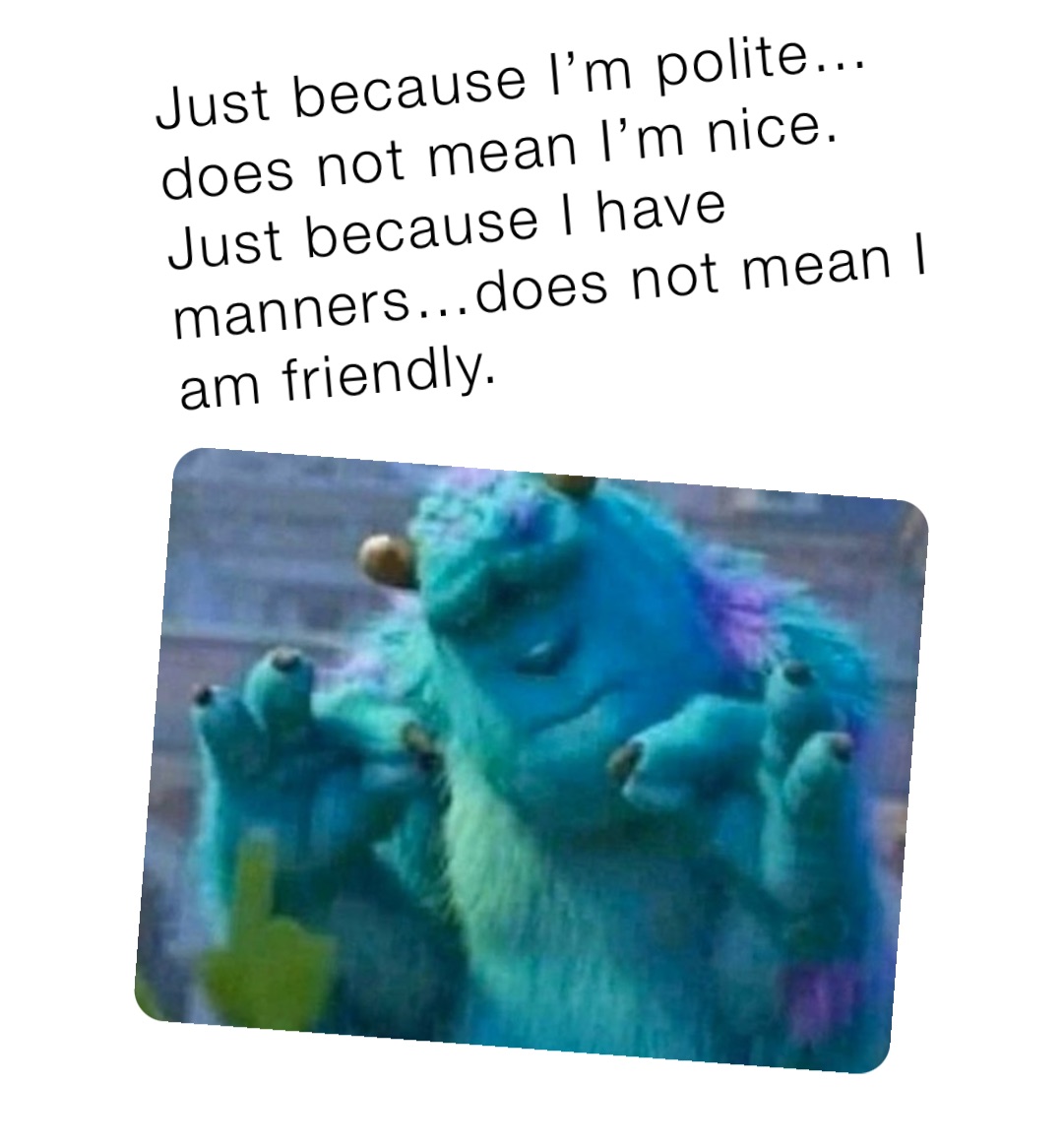 Just because I’m polite…does not mean I’m nice. 
Just because I have manners…does not mean I am friendly.