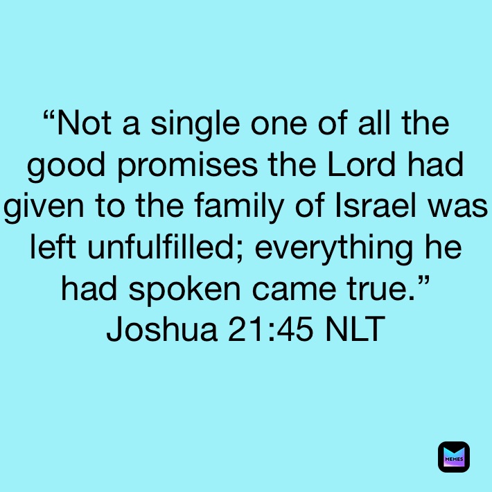 “Not a single one of all the good promises the Lord had given to the family of Israel was left unfulfilled; everything he had spoken came true.”
‭‭Joshua‬ ‭21:45‬ ‭NLT‬‬
