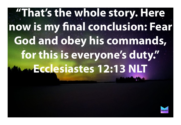 “That’s the whole story. Here now is my final conclusion: Fear God and obey his commands, for this is everyone’s duty.”
‭‭Ecclesiastes‬ ‭12:13‬ ‭NLT‬‬