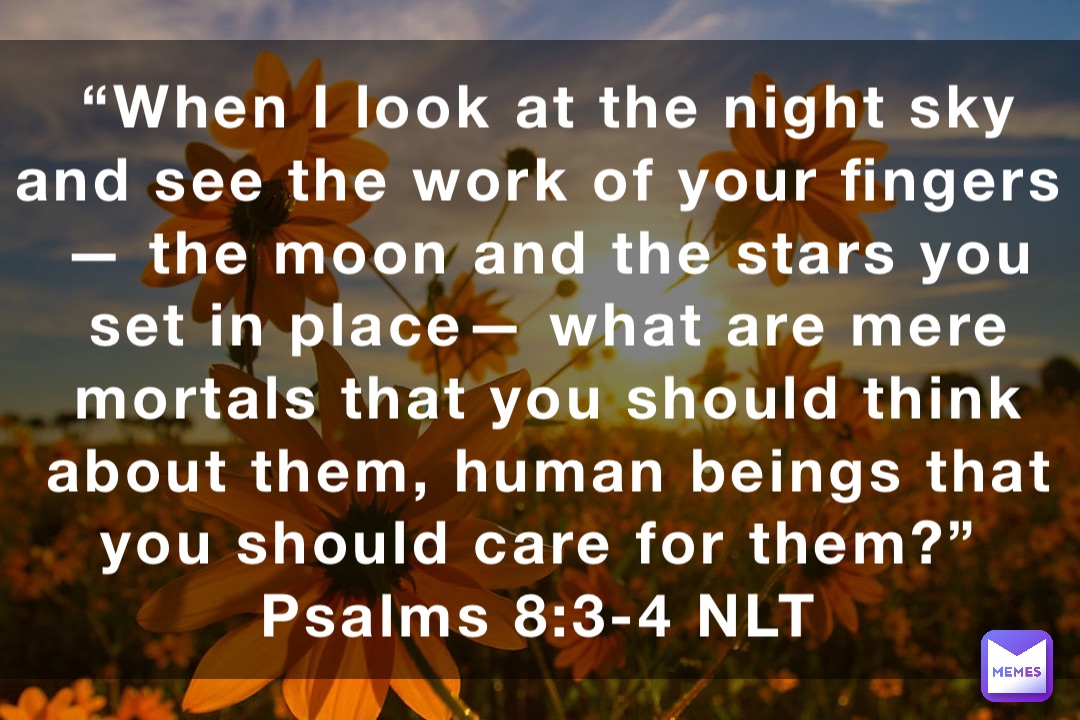 “When I look at the night sky and see the work of your fingers— the moon and the stars you set in place— what are mere mortals that you should think about them, human beings that you should care for them?”
‭‭Psalms‬ ‭8:3-4‬ ‭NLT‬‬